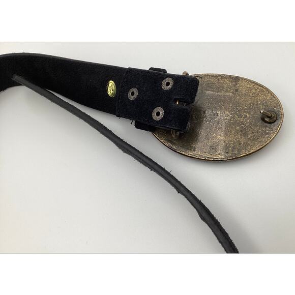 Debbie Brooks NY Black Suede Leather Belt Size M Ornate Glitter Rose Buckle Art main image 3